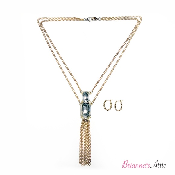 Gold Tone Long Square Crystal Necklace with Artistic Earrings - Picture 4 of 14